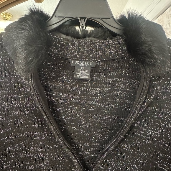 Escapade Rabbit Fur Trim Black Metallic Zip Sweater/Jacket - Picture 5 of 5